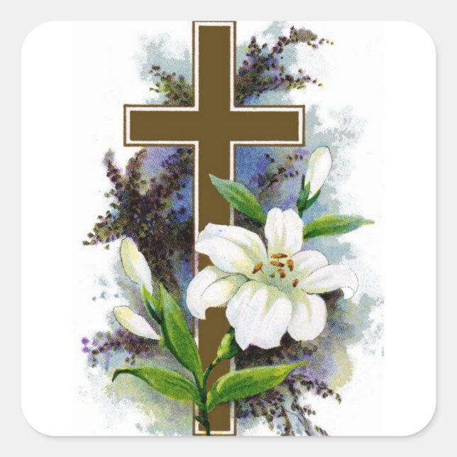 Cuadrada Pegatina de cruz con flores blancas (Anverso)
