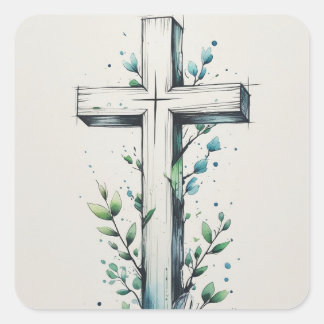 Cuadrada Pegatina de Cruz Cristiana con Ramas al Acuarela