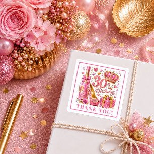 Cuadrada Pegatina de cumpleaños 30 Stylish Pink Glitter Con