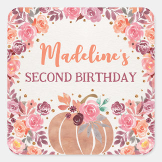 Cuadrada Pegatina de cumpleaños boho floral de calabacita 2