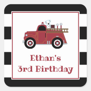 Cuadrada Pegatina de cumpleaños de camión de bomberos de 