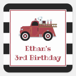 Cuadrada Pegatina de cumpleaños de camión de bomberos de ép