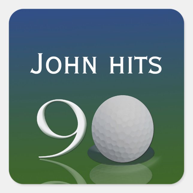 Cuadrada Pegatina de cumpleaños de Golf Ball para los 90 añ (Anverso)