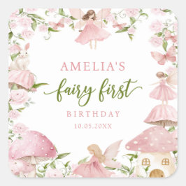 Cuadrada Pegatina de cumpleaños de hada rosa primer cumplea