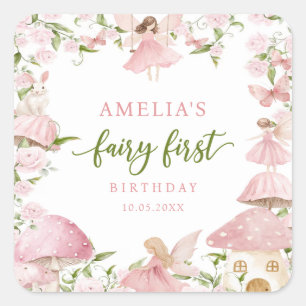 Cuadrada Pegatina de cumpleaños de hada rosa primer cumplea