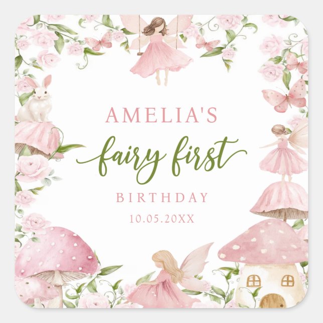 Cuadrada Pegatina de cumpleaños de hada rosa primer cumplea (Anverso)