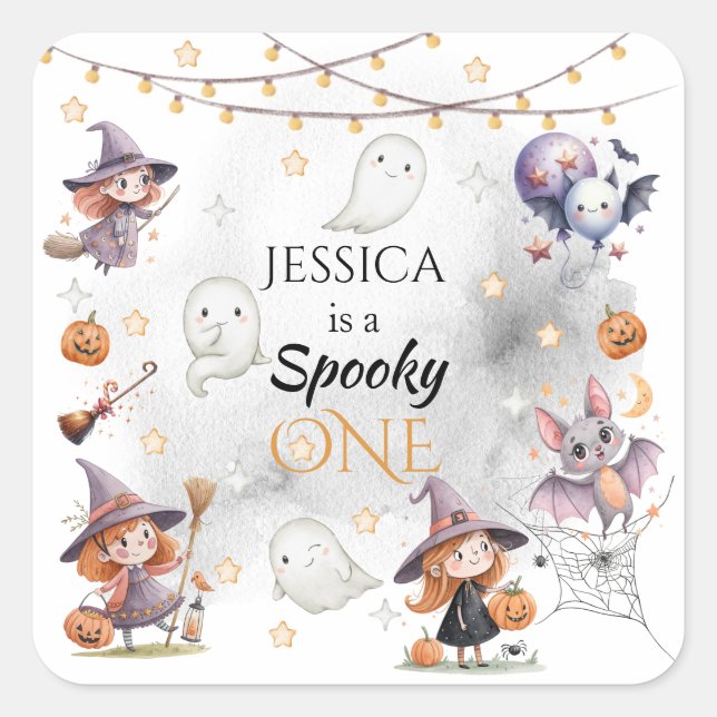 Cuadrada Pegatina de cumpleaños de Halloween Spooky One con (Anverso)