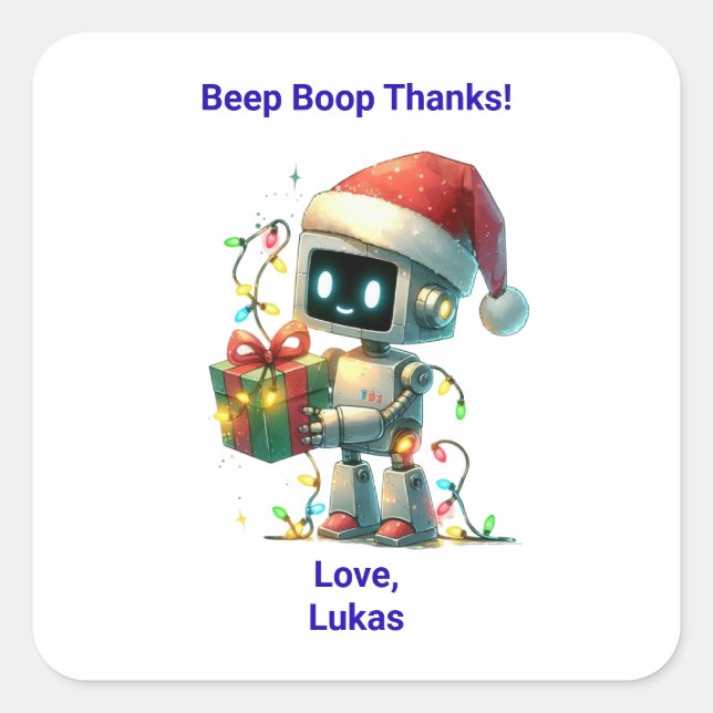 Cuadrada Pegatina de cumpleaños de Navidad de Robot (Anverso)