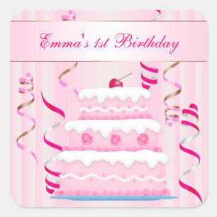 Cuadrada Pegatina de cumpleaños de pasteles y Streamers