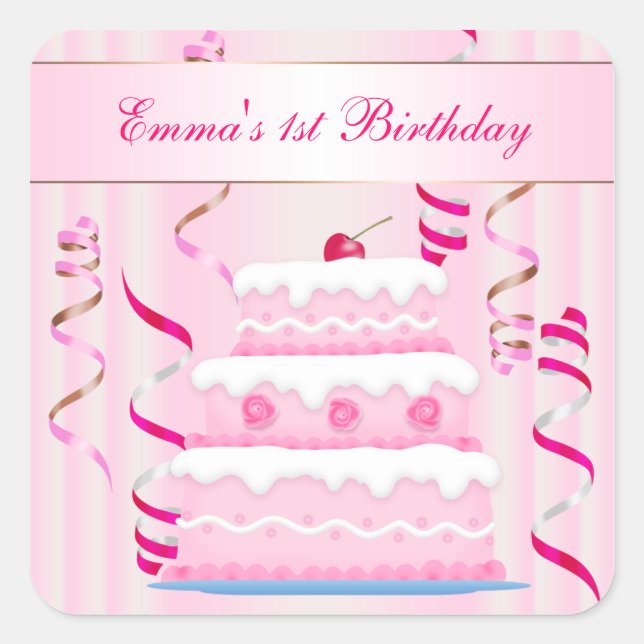 Cuadrada Pegatina de cumpleaños de pasteles y Streamers (Anverso)