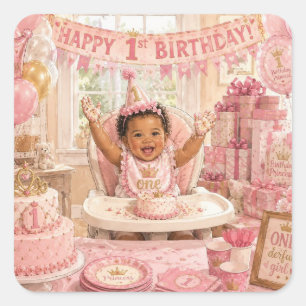Cuadrada Pegatina de cumpleaños de Pink Princess 1er cumple