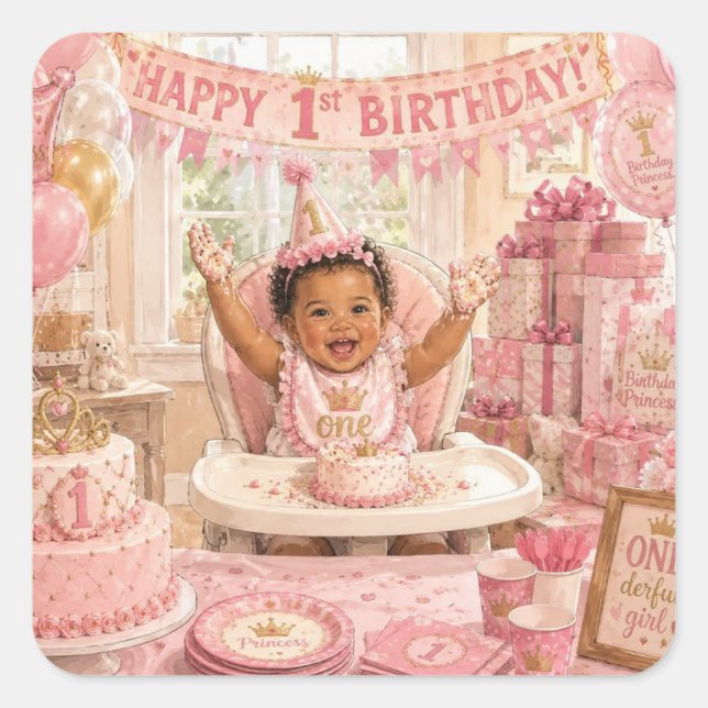Cuadrada Pegatina de cumpleaños de Pink Princess 1er cumple (Anverso)