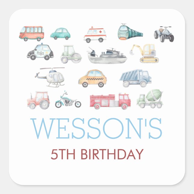Cuadrada Pegatina de cumpleaños de transporte, Classic Roun (Anverso)