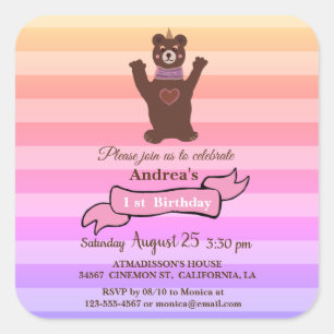 Cuadrada Pegatina de cumpleaños del Chica del oso