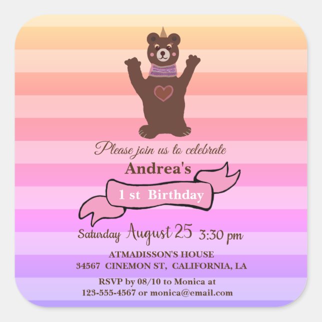 Cuadrada Pegatina de cumpleaños del Chica del oso (Anverso)