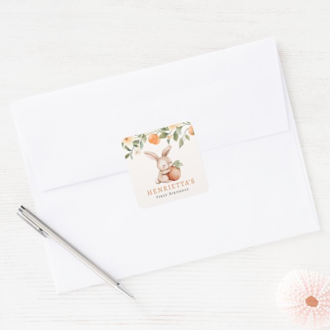 Cuadrada Pegatina de cumpleaños del conejito flor de meloco (Sobre)