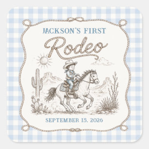 Cuadrada Pegatina de cumpleaños del primer rodeo de vaquero