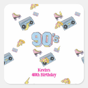 Cuadrada Pegatina de cumpleaños del tema de Funky 90