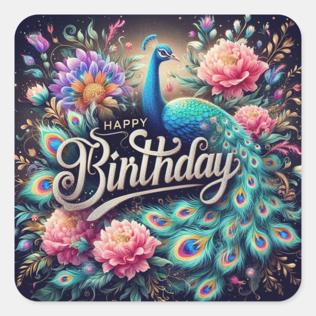 Cuadrada Pegatina de cumpleaños: diseño de pavo real (Anverso)