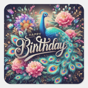 Cuadrada Pegatina de cumpleaños: diseño de pavo real