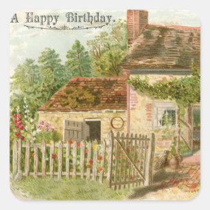 Cuadrada Pegatina de cumpleaños feliz de cabaña vintage