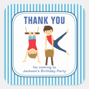 Cuadrada Pegatina de cumpleaños gracias azul niños gimnásti