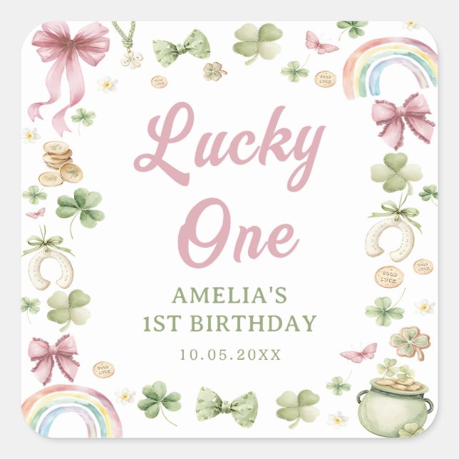 Cuadrada Pegatina de cumpleaños Lucky One Shamrock 1st (Anverso)