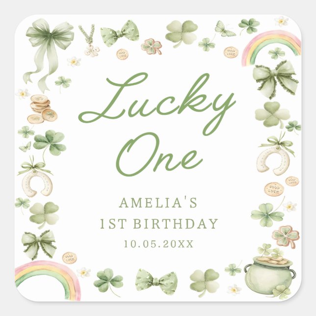Cuadrada Pegatina de cumpleaños Lucky One Shamrock 1st (Anverso)