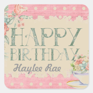 Cuadrada Pegatina de cumpleaños Shabby Chic