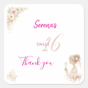 Cuadrada Pegatina de cumpleaños Sweet 16 Flor Soñadora Suav