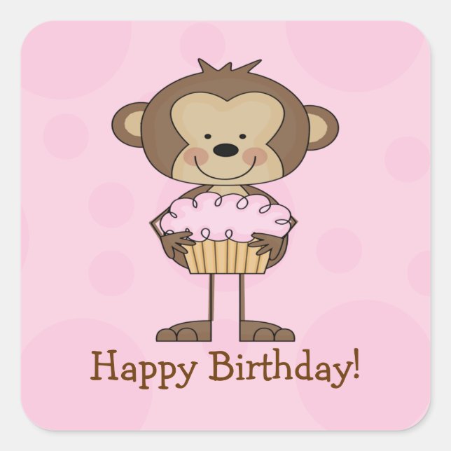 Cuadrada Pegatina de Cupakes Monkey Happy Birday Square (Anverso)