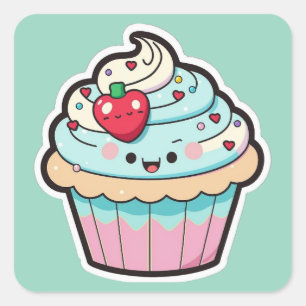 Cuadrada Pegatina de Cupcake Kawaii del Día de San Valentín