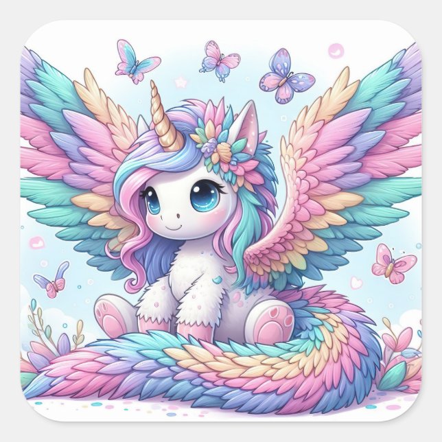 Cuadrada Pegatina de Cute Unicorn (Anverso)