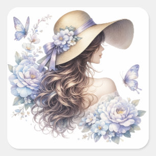 Cuadrada Pegatina de dama floral azul elegante