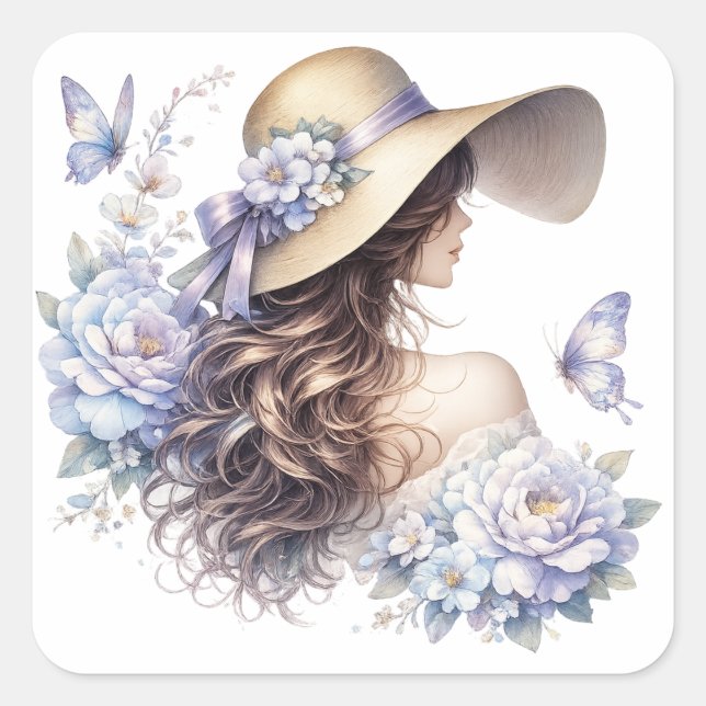 Cuadrada Pegatina de dama floral azul elegante (Anverso)