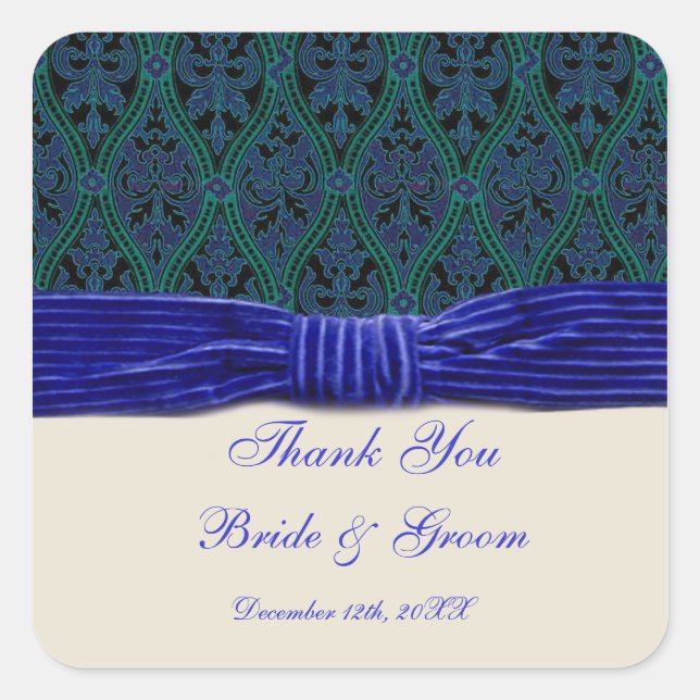 Cuadrada pegatina de damasco azul y boda de cinta (Anverso)