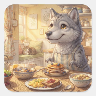 Cuadrada Pegatina de desayuno de lobo adorable