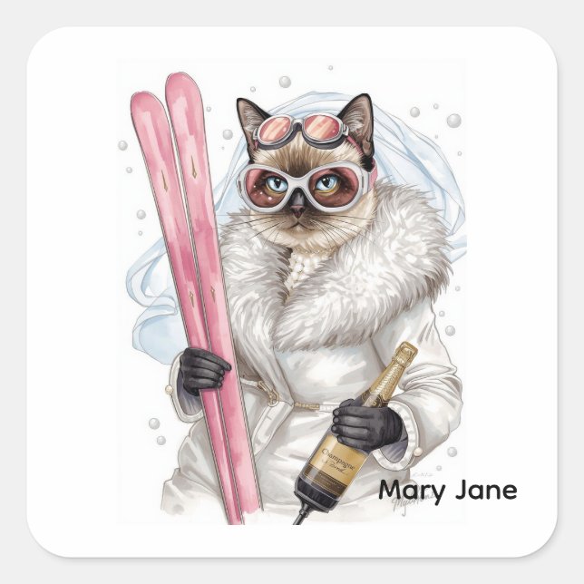 Cuadrada Pegatina de Despedida de Soltera de Esquí  Novia e (Anverso)