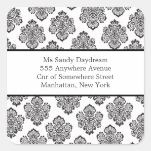 Cuadrada Pegatina de dirección moderna de Damask en blanco 