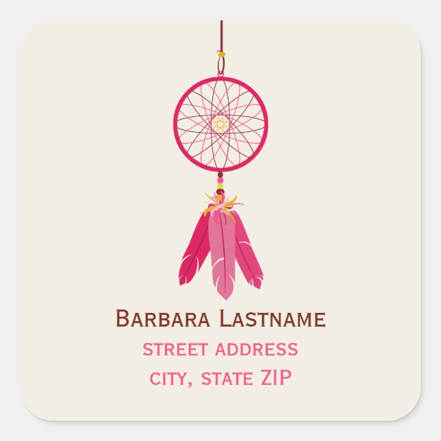 Cuadrada Pegatina de direcciones de Dreamcatcher Rosado (Anverso)