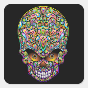 Cuadrada Pegatina de diseño de arte de cráneo psicodélico