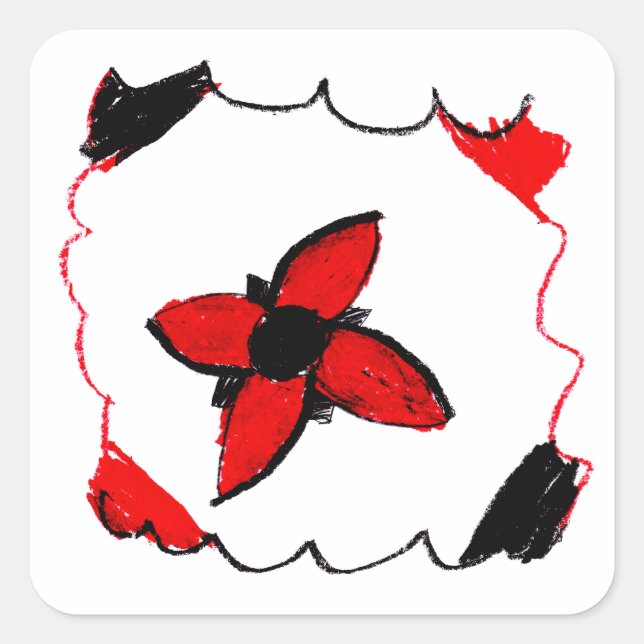 Cuadrada Pegatina de diseño de flores rojas y negras - Arte (Anverso)