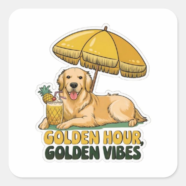 Cuadrada Pegatina de Dog Beach | Golden Retriever con Pina (Anverso)