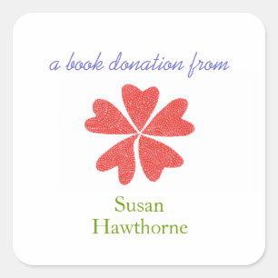 Cuadrada Pegatina de donación de libros - corazones floreci