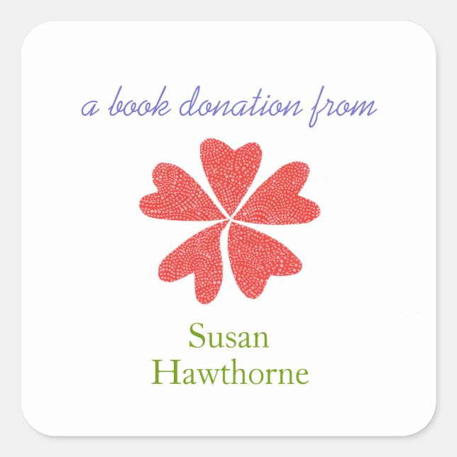 Cuadrada Pegatina de donación de libros - corazones floreci (Anverso)