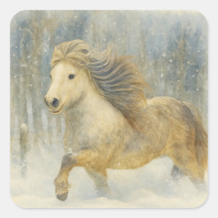 Cuadrada Pegatina de escena invernal del caballo islandés