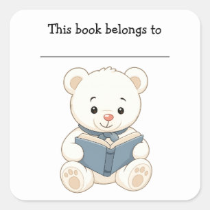 Cuadrada Pegatina de ex libris de oso y libro editable