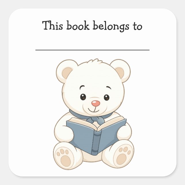 Cuadrada Pegatina de ex libris de oso y libro editable (Anverso)