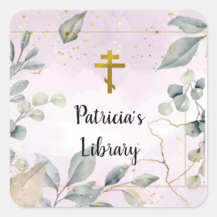 Cuadrada Pegatina de ex libris personalizada con hojas eleg