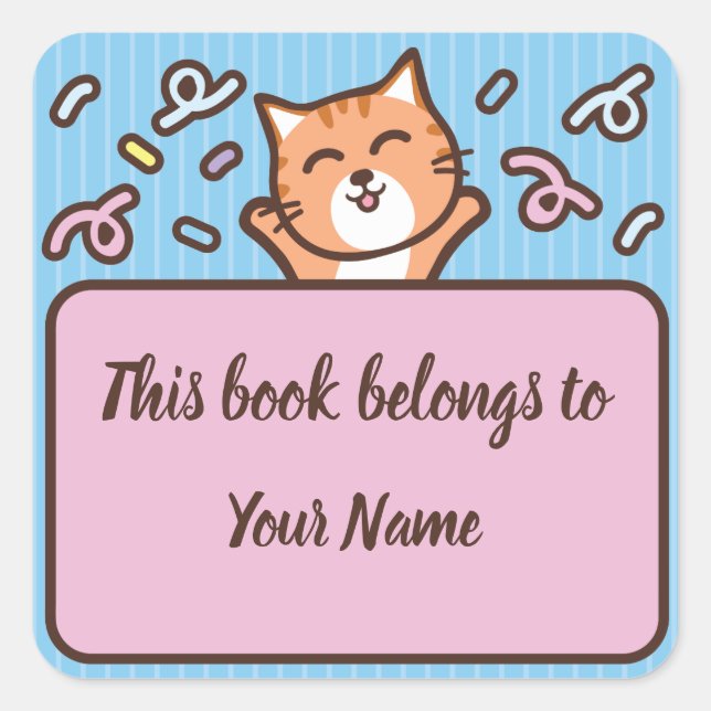 Cuadrada Pegatina de ex libris personalizada de gato lindo (Anverso)